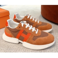 Discount Hermes Bouncing Woven and Suede Sneakers Brown 062232