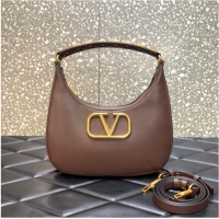 Discount VALENTINO GARAVANI STUD SIGN Calf Leather Hobo bag 1W2B0K69 brown