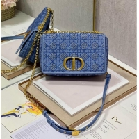 Top Design MEDIUM DIOR CARO BAG Macrocannage Tweed Embroidery M9242 blue