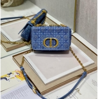 Unique Grade SMALL DIOR CARO BAG Macrocannage Tweed Embroidery M9241 BLUE