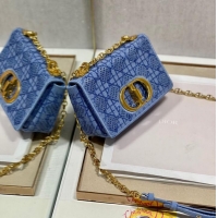 Unique Grade SMALL DIOR CARO BAG Macrocannage Tweed Embroidery M9241 BLUE