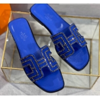 Low Price Hermes Oran Classic Crystal Calfskin Flat Slide Sandals Royal Blue 062242