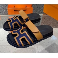 Stylish Hermes Chypre Denim and Leather Flat Sandals Blue/Brown 062243