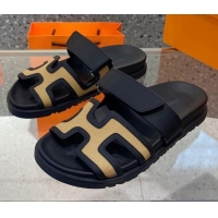 Good Quality Hermes Chypre Canvas and Leather Flat Sandals Beige/Black 062246