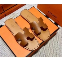 Shop Duplicate Hermes Oran Classic Stitching Leather Flat Slide Sandals Brown 062248