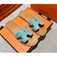 Discount Hermes Oran Classic Stitching Leather Flat Slide Sandals Light Blue 062249