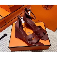 Classic Hermes Legend Palm-Grained Calfskin Wedge Sandals 7cm Burgundy 062252