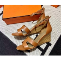 Pretty Style Hermes Legend Smooth Calfskin Wedge Sandals 7cm Brown 062255