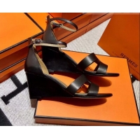 Best Price Hermes Legend Smooth Calfskin Wedge Sandals 7cm Black 062256