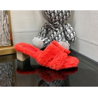 Low Cost Hermes Teddy Fur Medium Heel Slide Sandals 5cm Red 071901