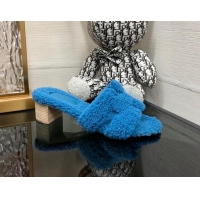 Durable Hermes Teddy Fur Medium Heel Slide Sandals 5cm Blue 071904