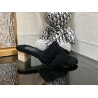 Grade Quality Hermes Teddy Fur Medium Heel Slide Sandals 5cm Black 071906