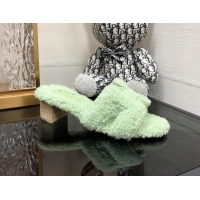 Good Quality Hermes Teddy Fur Medium Heel Slide Sandals 5cm Mint Green 071908