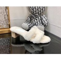 Best Grade Hermes Teddy Fur Medium Heel Slide Sandals 5cm White 071909