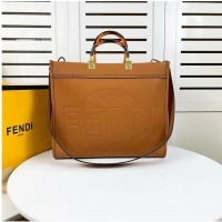 Good Product Fendi Sunshine Medium Fendace Printed black leather Logo shopper F0873 brown