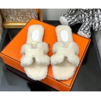 Grade Quality Hermes Teddy Fur Flat Slide Sandals White 071912 