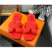 Popular Style Hermes Teddy Fur Flat Slide Sandals Red 071913