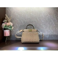 Free Shipping Fendi Peekaboo Mini braided leather bag 8BN244A apricot