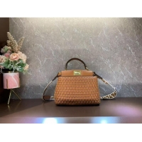 Low Cost Fendi Peekaboo Mini braided leather bag 8BN244A brown