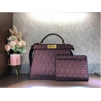 Unique Style Fendi Peekaboo ISeeU FF tapestry fabric bag F1982 Burgundy