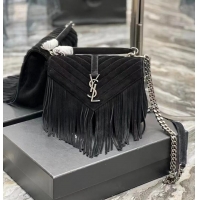 Super Quality SAINT LAURENT COLLEGE MEDIUM CHAIN BAG IN LIGHT SUEDE WITH FRINGES 5317050 black