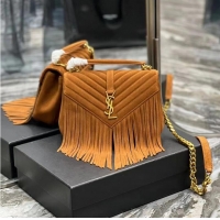 Luxurious SAINT LAURENT COLLEGE MEDIUM CHAIN BAG IN LIGHT SUEDE WITH FRINGES 5317050 CINNAMON