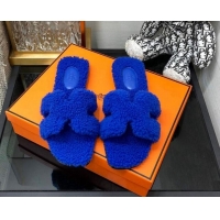 Sumptuous Hermes Teddy Fur Flat Slide Sandals Cobalt Blue 071915