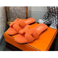 Stylish Hermes Teddy Fur Flat Slide Sandals Orange 071917