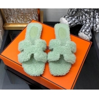 Good Product Hermes Teddy Fur Flat Slide Sandals Mint Green 071919