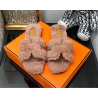 Purchase Hermes Teddy Fur Flat Slide Sandals Camel Brown 071920