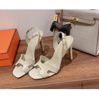 Luxury Hermes Ella High Heel Sandals 10cm in Smooth Leather White/Silver 071921