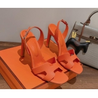 Charming Hermes Ella High Heel Sandals 10cm in Grained Leather Orange/Silver 071923