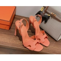 Unique Discount Hermes Ella Heel Sandals 7/10cm in Grained Leather Peachy Pink/Silver Buckle 071928