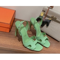 Best Grade Hermes Ella High Heel Sandals 10cm in Grained Leather Green/Silver Buckle 071929