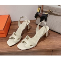 Popular Style Hermes Ella Medium Heel Sandals 7cm in Smooth Leather White/Silver Buckle 071935