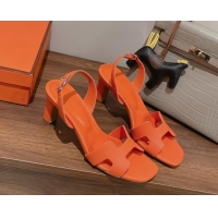 Top Grade Hermes Ella Medium Heel Sandals 7cm in Grained Leather Orange/Silver Buckle 071937