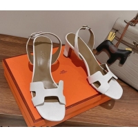 Well Crafted Hermes Ella Medium Heel Sandals 7cm in Grained Leather White/Grey 071939