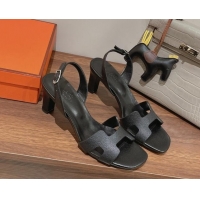 Shop Duplicate Hermes Ella Medium Heel Sandals 7cm in Grained Leather Black/Silver Buckle 071940