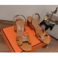 Good Quality Hermes Ella Medium Heel Sandals 7cm in Grained Leather Brown/Silver Buckle 071941