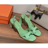 Good Looking Hermes Ella Medium Heel Sandals 7cm in Grained Leather Green/Silver Buckle 071942