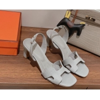 Best Product Hermes Ella Medium Heel Sandals 7cm in Grained Leather Light Grey/Silver Buckle 2071943