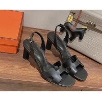 Unique Style Hermes Ella Medium Heel Sandals 7cm in Smooth Leather Black/Silver Buckle 071944