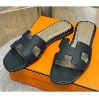 Good Quality Hermes Orang Palm-Grained Leather Classic Flat Slide Sandals Black 071948