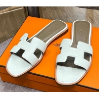 Low Price Hermes Orang Palm-Grained Leather Classic Flat Slide Sandals White 071949