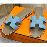 Best Grade Hermes Orang Denim Classic Flat Slide Sandals Blue 071950