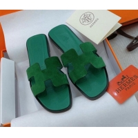 Classic Hot Hermes Orang Suede Classic Flat Slide Sandals Green 071952