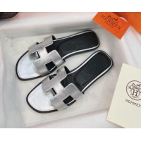 Discount Hermes Orang Leather Classic Flat Slide Sandals Silver/Black 071953