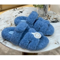 Perfect Hermes Chypre Teddy Fur Flat Sandals Blue 071958