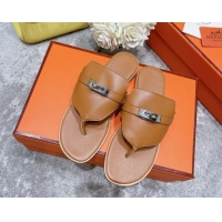 Sophisticated Hermes Kelly Swift Leather Flat Thong Sandals Brown 072801