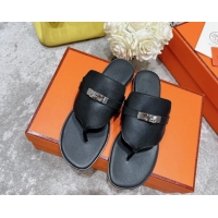 Shop Duplicate Hermes Kelly Swift Leather Flat Thong Sandals Black 072802